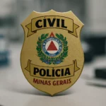 Distintivo da Polícia Civil de Minas Gerais (PC MG) em mesa de laboratório, simbolizando o concurso TPAG Auxiliar de Perícia.