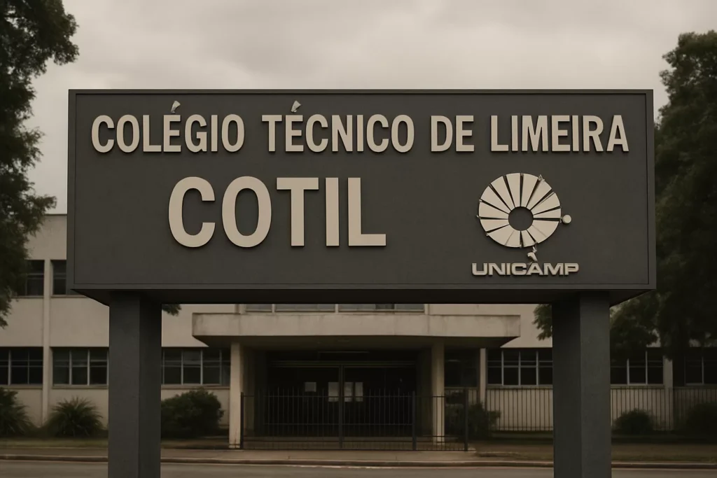 Placa de identificação do Colégio Técnico de Limeira (COTIL) com o logotipo da UNICAMP ao fundo, simbolizando o concurso docente.